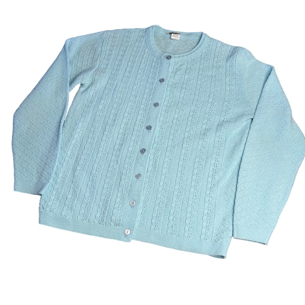 Vtg Cuddle Knit Cardigan M Baby Blue Cable Knit cottage granny
